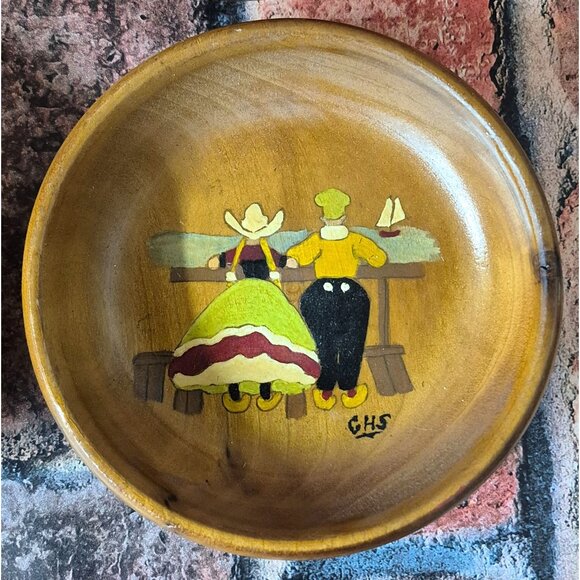 Vintage Hand Painted Folk Art Wooden Dutch Bowl Set of 4 Signed GHS 5.5" Decor - Picture 5 of 8